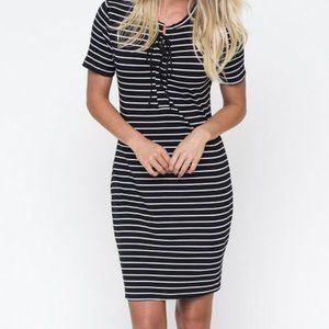 DOWNEAST Black Stripe Lace Me Up Bodycon Dress